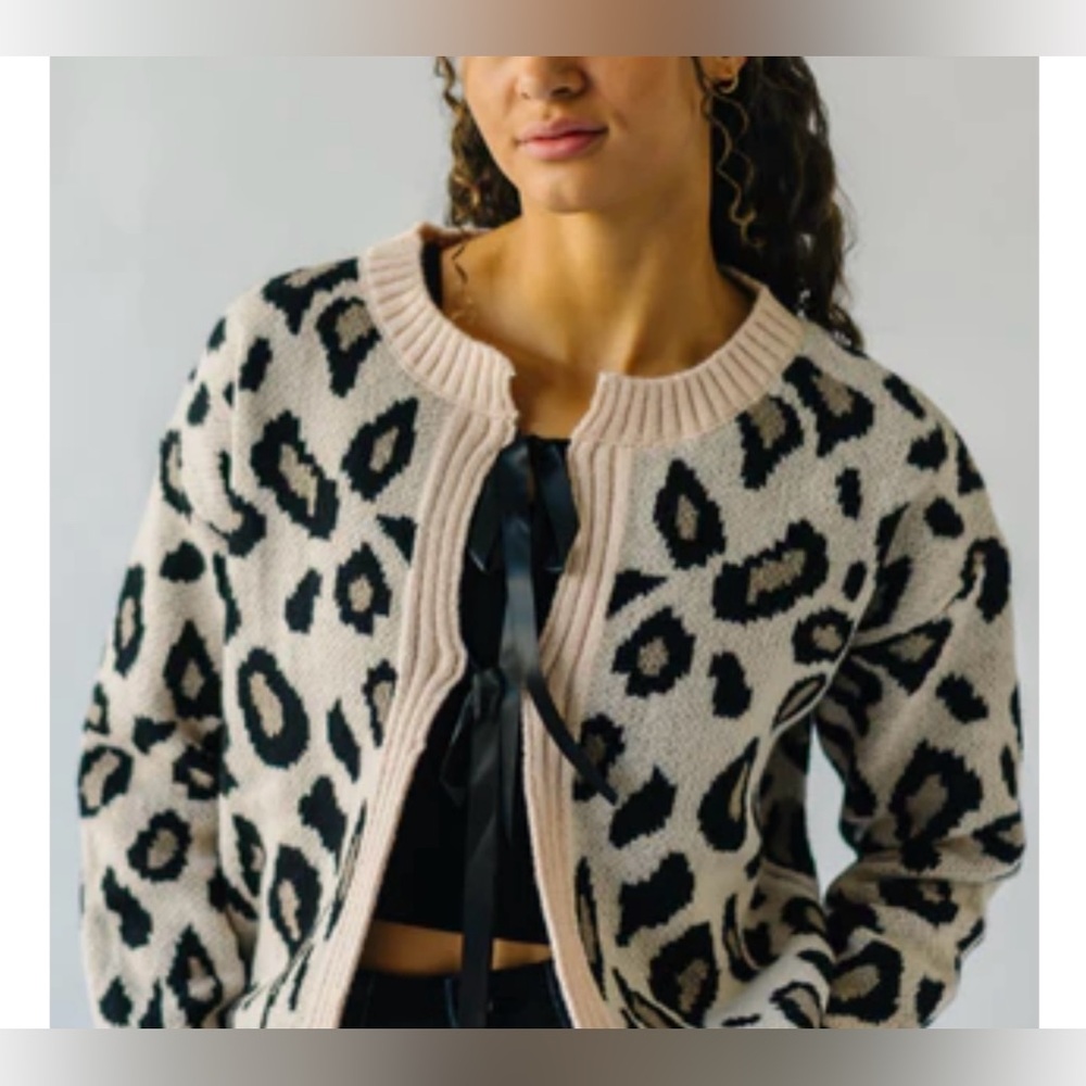 Piper & Scoot “The Clayburn Tie Leopard Cardigan in Oatmeal” Long Sleeve New S